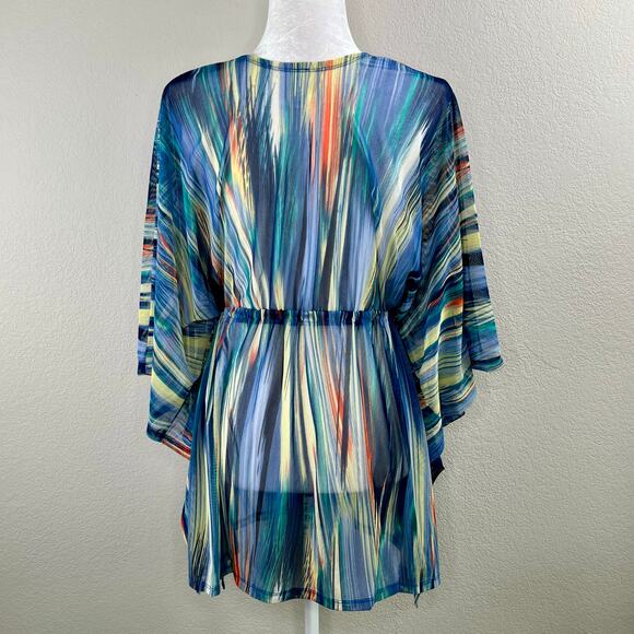 Blue Multicolor Sheer Mesh Cinched Waist V-Neck Oversize Cover-Up Plus 2X/3X NWT - Picture 13 of 15